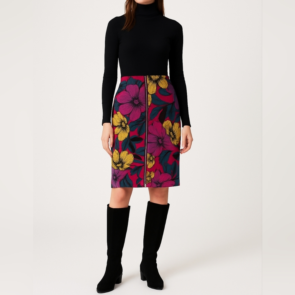 WORTHINGTON Zip Front Floral Pencil Skirt | 8P | Magenta | Tailored Retro Office